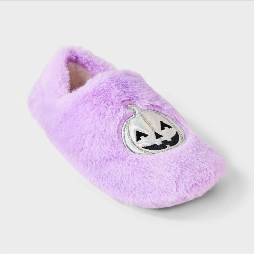 Women's Iridescent Pumpkin Halloween Faux Fur Slipper Socks with Grippers NWT